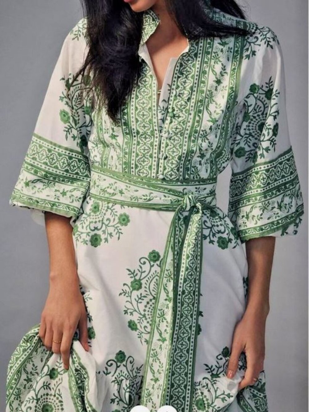 Brand new tuckernuck Sue Sartor sz l Green White Flounce Dress Long Sleeve Midi